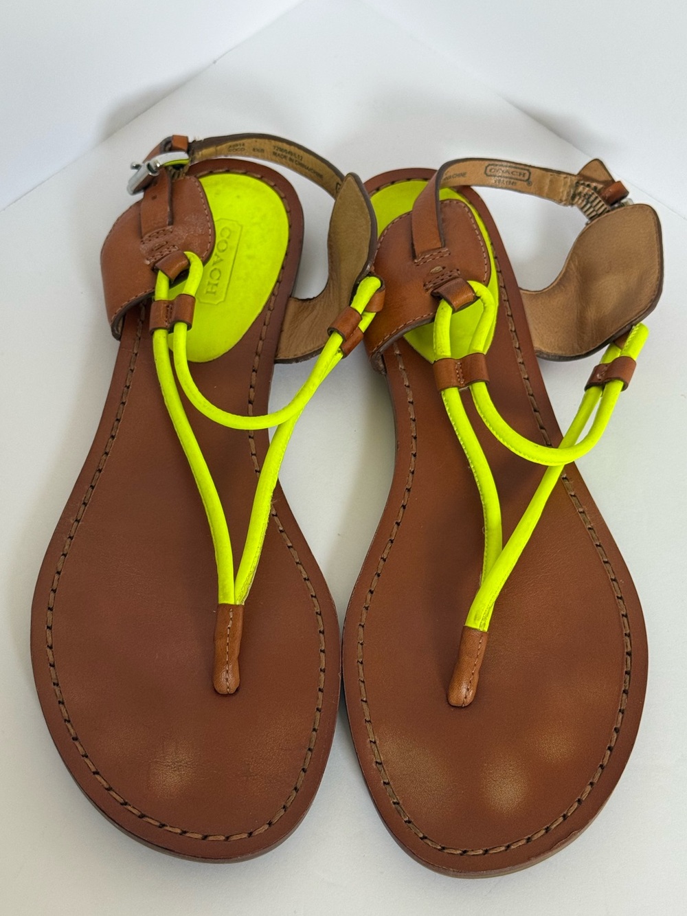 Coach Neon Yellow Leather Thong Sandals Brown Leather Size 8.5